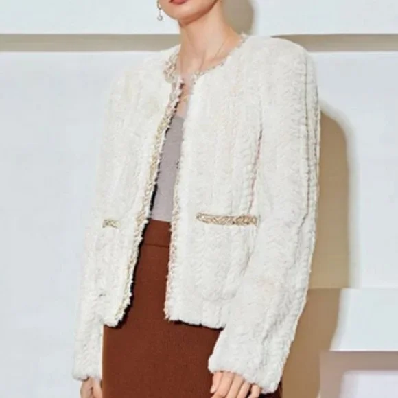 elegant contrast binding hook closure fuzzy coat chic classic - Picture 5 of 10